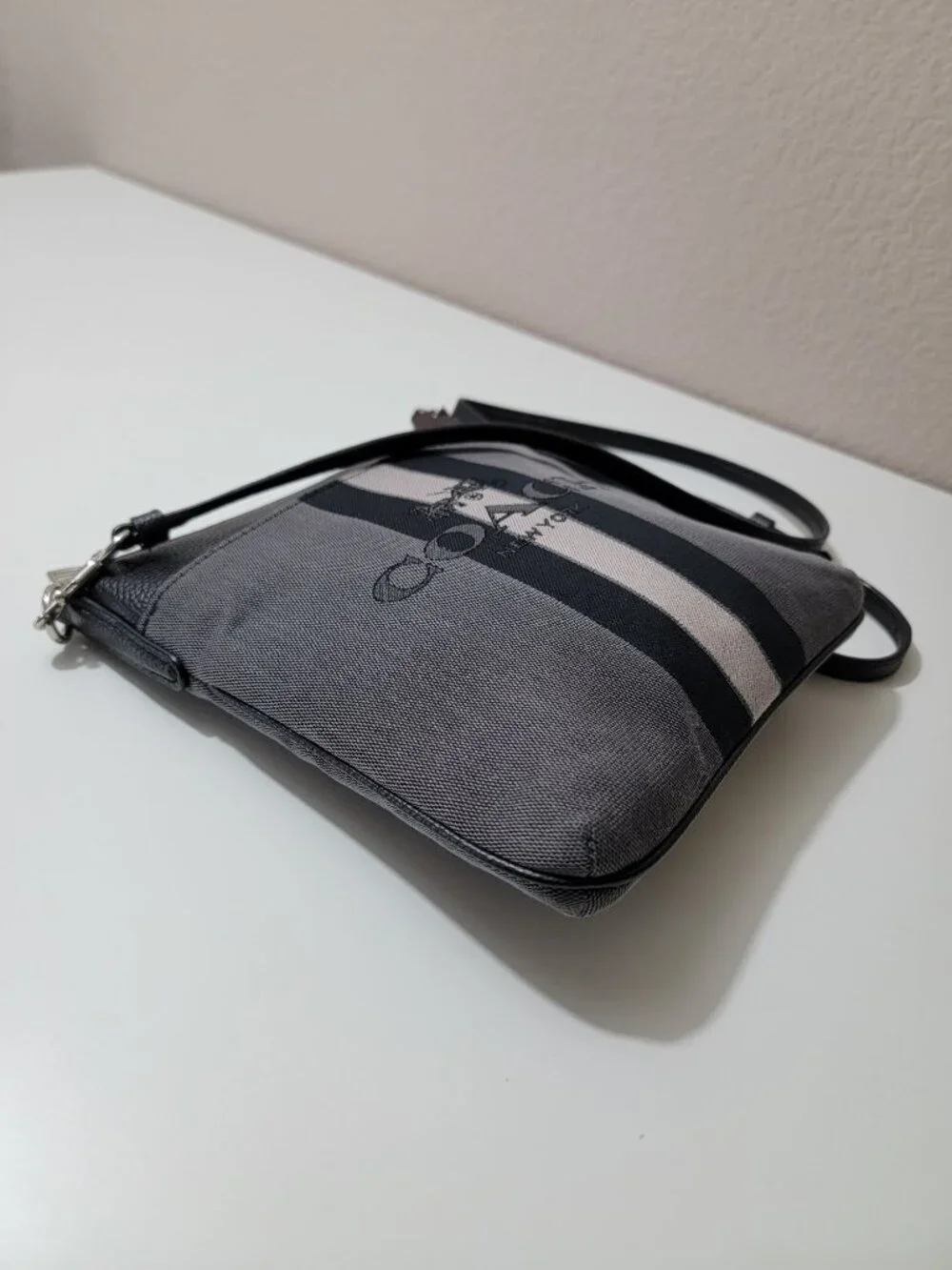 Coach Kitt Crossbody Charcoal Grey Signature Varsity Stripe Messenger Bag